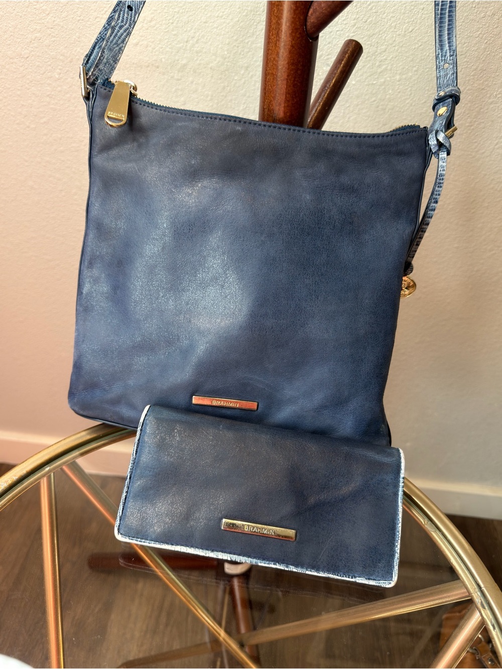 Brahmin Navy Blue Leather Crossbody Bag with Matching Wallet - Picture 1 of 16